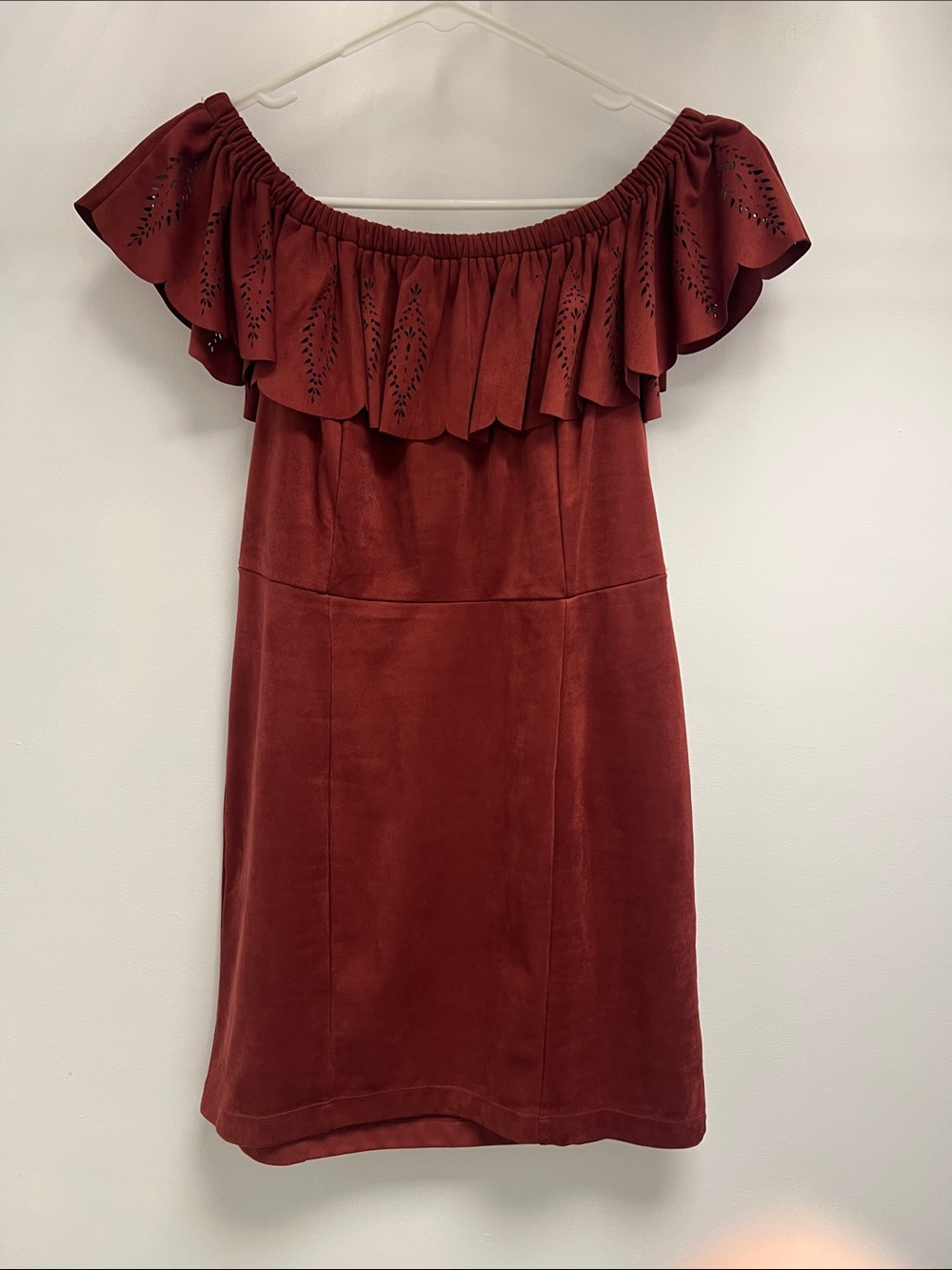 Shyanne Brick Red Off-Shoulder Ruffle Mini Dress